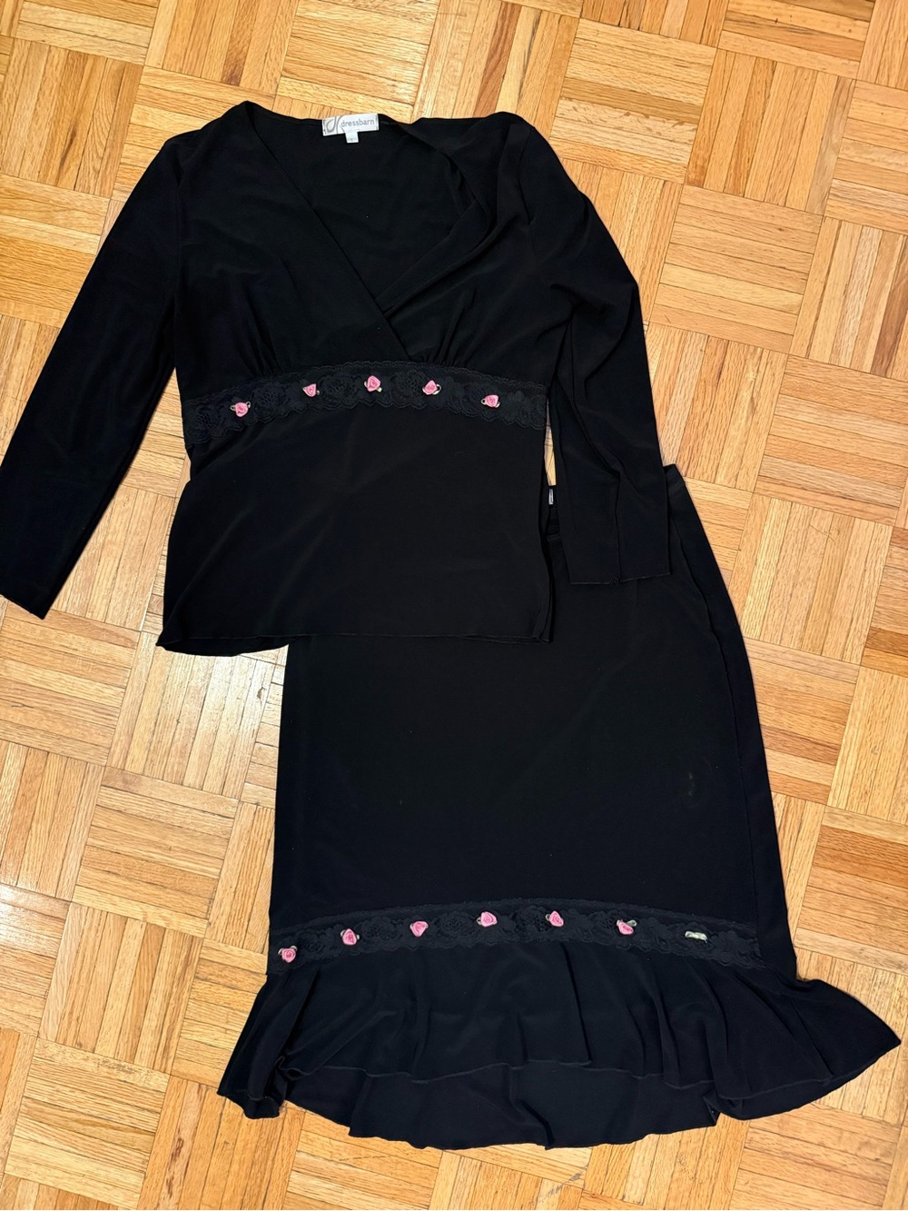 Vintage 90s Y2K Dressbarn 2-Piece Skirt Set Black Pink Rosette Lace Whimsigoth